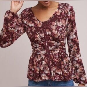 Anthropologie Burgundy Floral Blouse
